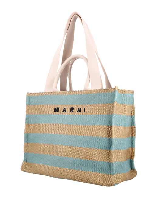 Marni Blue Raffia-Effect Medium Tote Bag