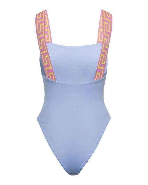 Versace Blue Light One-Piece Swimsuit With Greca Motif On The Straps