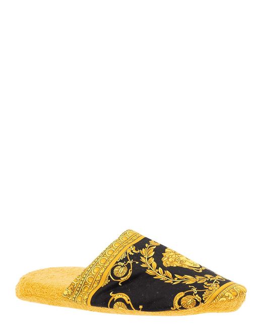 Versace Yellow House Slippers Baroque Print Cotton