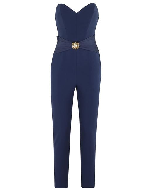 Elisabetta Franchi Blue Sweetheart Neckline Jumpsuit With Jewel Detailing And Silhouette