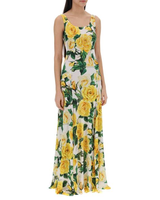 Dolce & Gabbana Yellow Rose Printed Sleeveless Midi Dress