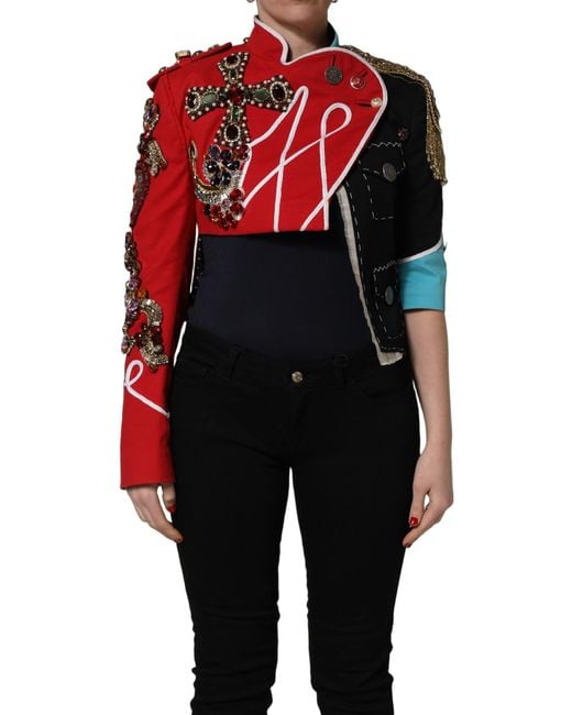 Dolce & Gabbana Red Multicolor Asymmetrical Ornate Jewel Cropped Jacket