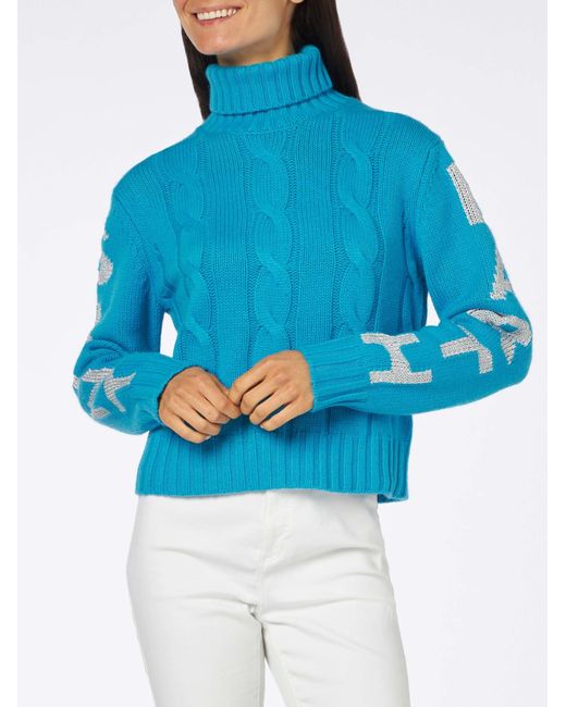 Mc2 Saint Barth Blue Turtleneck Braided Sweater With Saint Barth Jacquard Print