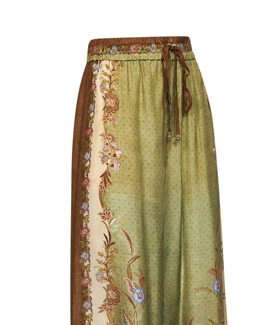 Zimmermann Green Khaki Floral Scarf-Print Silk Habotai Indra Relaxed Trousers