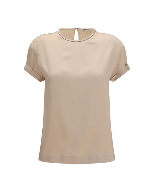 Brunello Cucinelli Natural Silk Blouse With Monili Chain T-Shirts & Jerseys