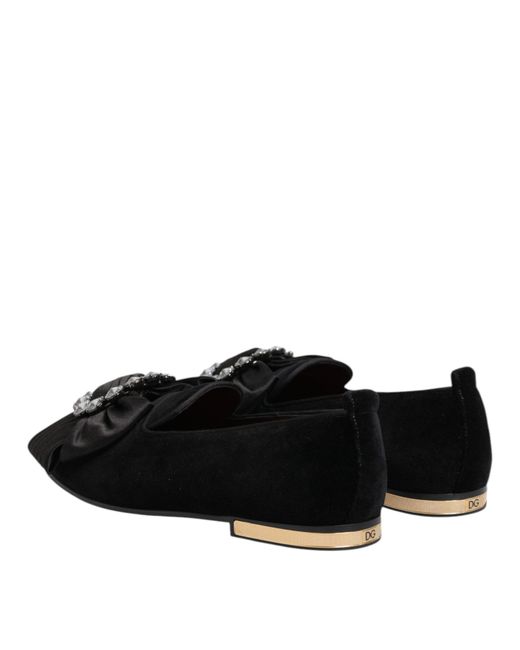 Dolce & Gabbana Black Vaticano Crystal Ribbon Slip On Shoes Cotton for men