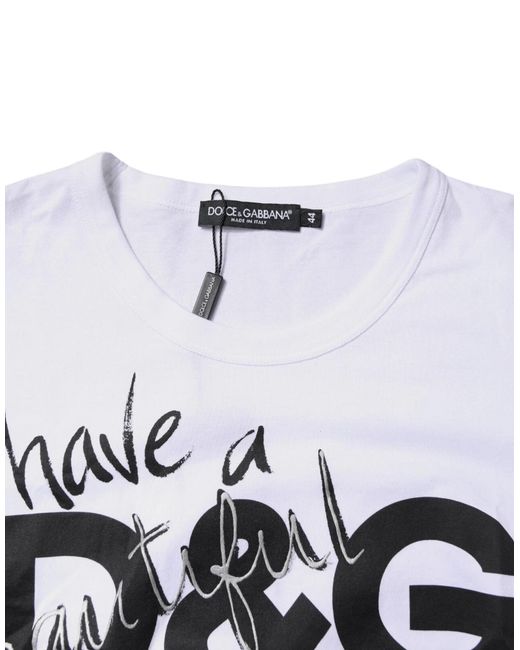 Dolce & Gabbana Blue White Graphic Print Cotton Crew Neck T for men