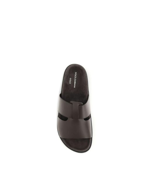 Dolce & Gabbana Black Brown Calf Leather Bos Taurus Flat Sandals for men