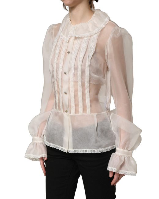 Dolce & Gabbana Natural Ruffled Sheer Silk Buttoned Blouse Top Off Nylon