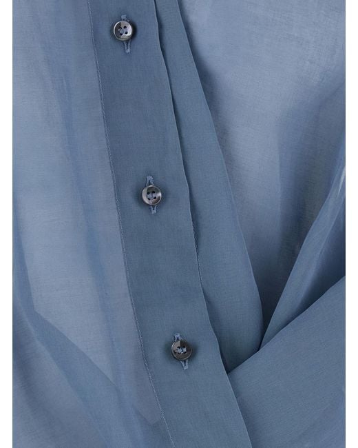 Brunello Cucinelli Blue Shirt With Off-Centre Closure Cotton Blouses