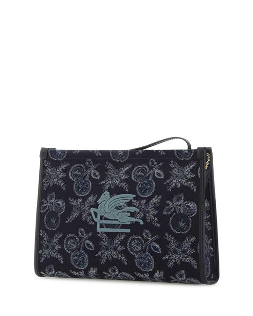 Etro Blue Embroidered Canvas Beauty Case