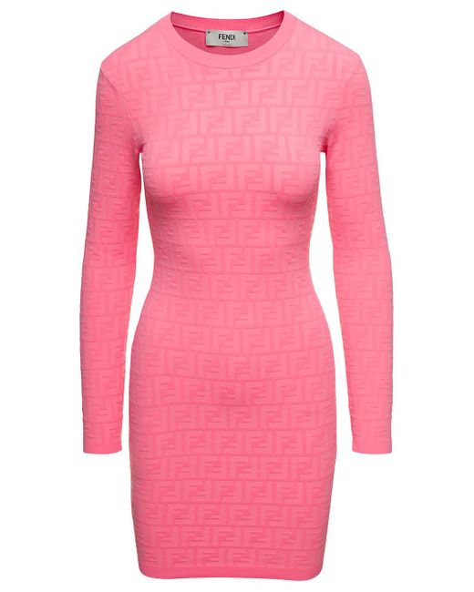 Fendi Pink Mini Fuchsia Dress With All-over Ff Jacquard Motif In Viscosa Blend