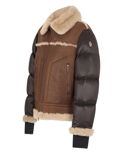 Moncler Brown Short Down Jacket Nappa & Shearling Calfskin Padded for men