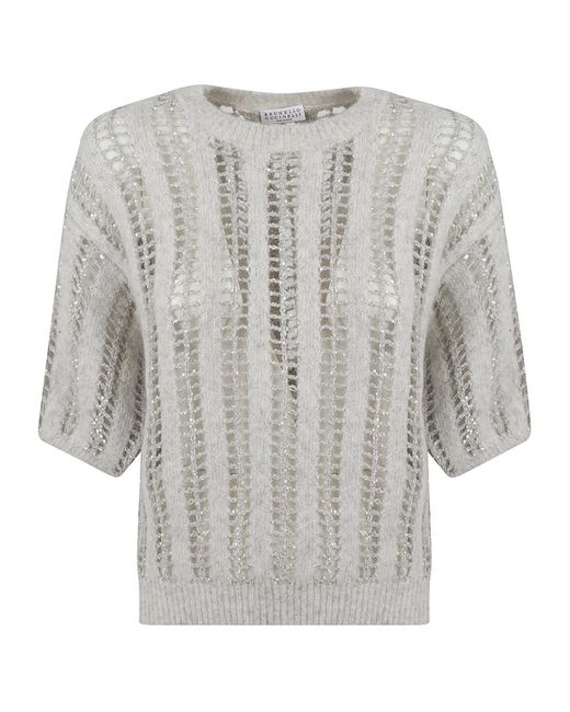 Brunello Cucinelli Gray Crochet Sequined Jumper