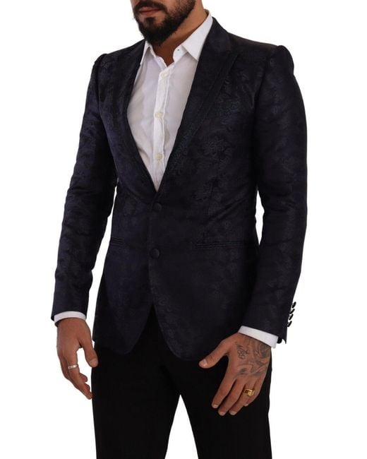 Dolce & Gabbana Blue Floral Jacquard Silk Coat Martini Blazer for men