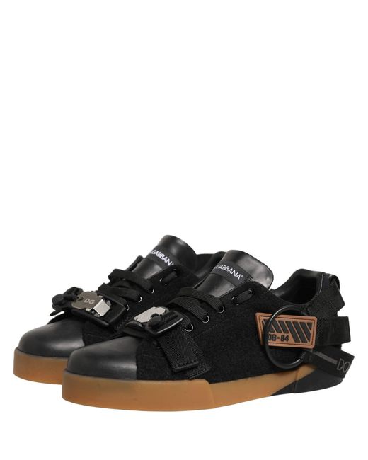 Dolce & Gabbana Black Leather Low Trainers Sneakers Shoes Cotton Nylon Viscose Calf for men