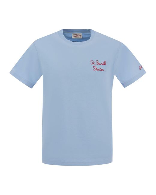 Mc2 Saint Barth Blue Cotton T Shirt With Barth Skater Print for men