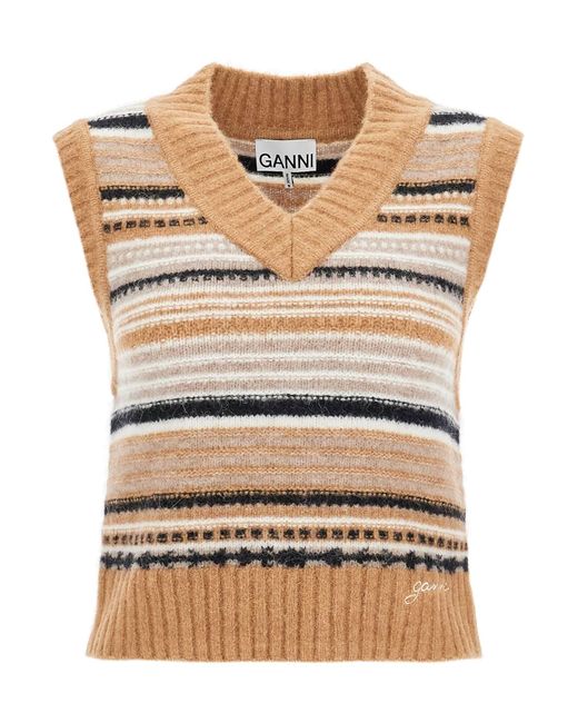 Ganni Brown "Soft Striped Knit Vest With A Comfortable