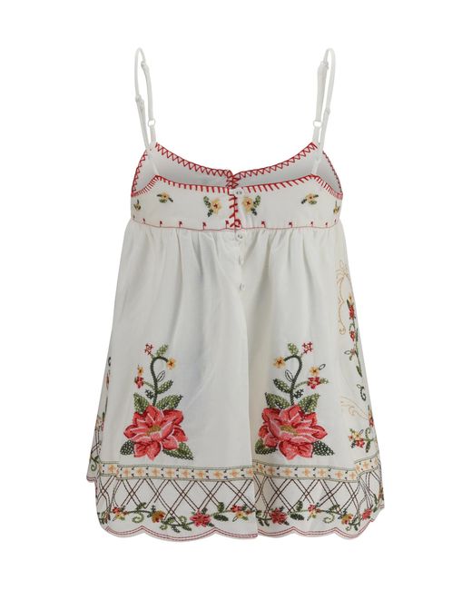 Farm Rio Gray Floral Embroidered Top Linen; Viscose
