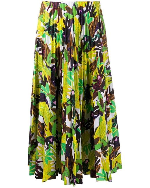 Valentino Green Monkey Forest Pleated Midi Skirt