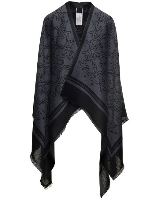 Pinko Black Two-tone Shawl With All-over Print And Striped Hem In Wool Blend