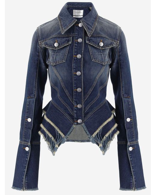 MATIERES FECALES Blue Jacket With Fringed Details Cotton