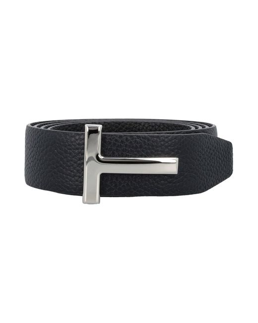 Tom Ford Black T Grainy Leather Belt for men
