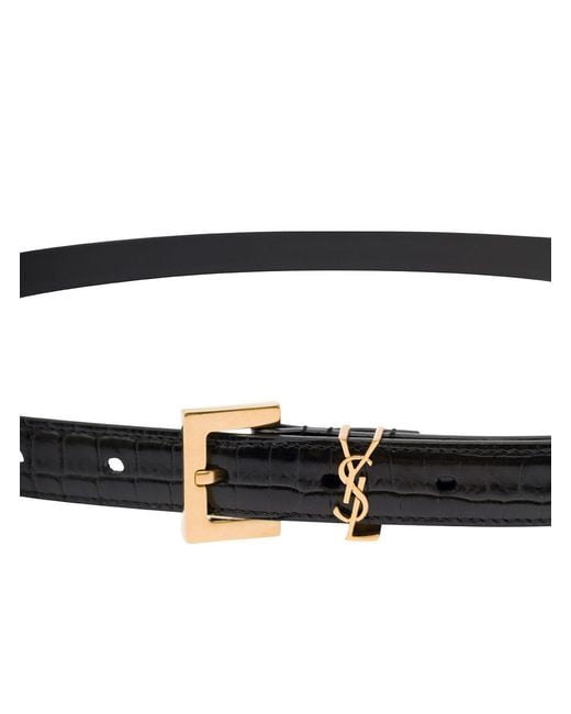Saint Laurent White Leather Belt Cassandre Crocodile-Embossed
