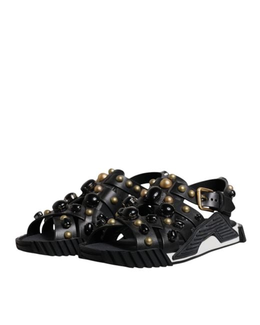 Dolce & Gabbana Black Leather Studded Slides Sandals Shoes Calfskin for men