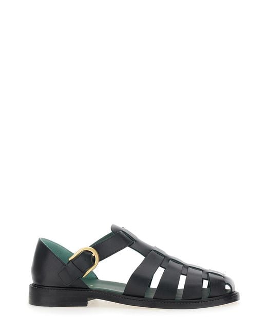 VINNY'S Black Leather Cage Design Sandals With Buckle Closure Nappa Flat Shoes for men