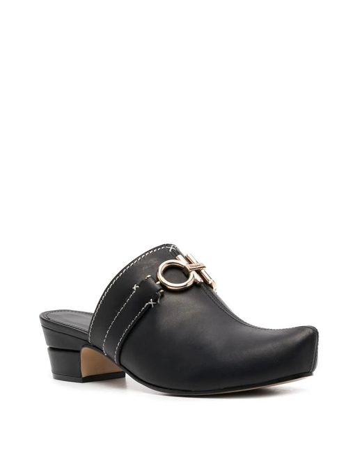 Ferragamo Black Gancini Leather Mules