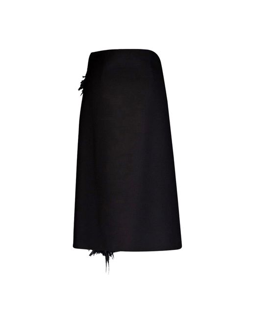 Prada Black Wool Midi Skirt With Feathers