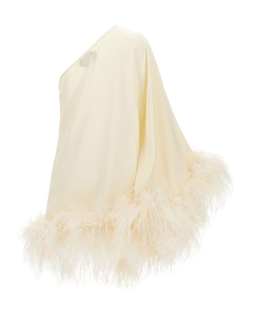 ‎Taller Marmo White Piccolo Ubud One-Shoulder Feather-Trimmed Crepe Mini Dress