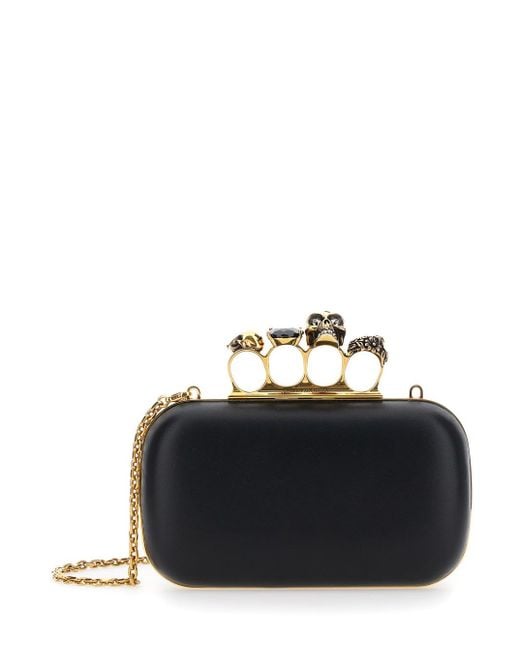 Alexander McQueen Black 'Four Ring' Clutch With Shoulder Strap And Skull-Shaped Studs