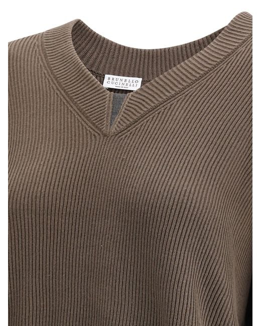 Brunello Cucinelli Brown V-Neck Sweater