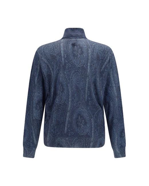 Etro Blue Printed Turtleneck Sweater Silk; Kashmir/Capra Hircus for men