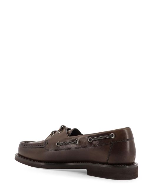 Brunello Cucinelli Brown Leather Loafers With Monili Detail