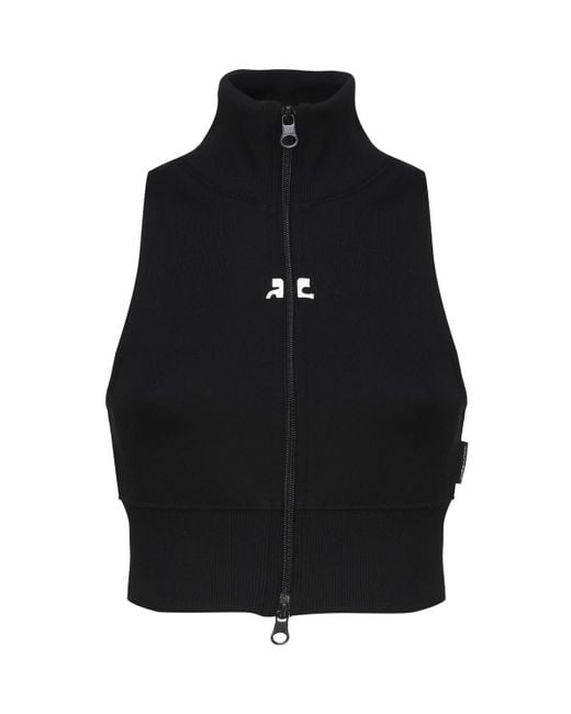 Courreges Black Ribbed Vest With Contrasting Color Logo On The Front