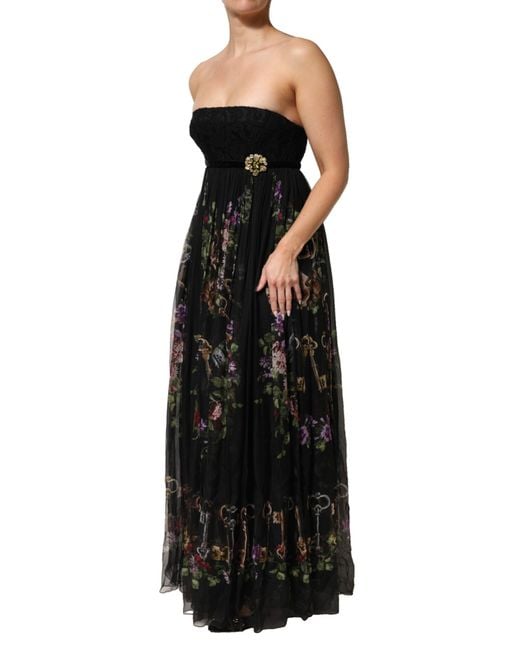 Dolce & Gabbana Black Key Print Silk Crystal Brooch Dress