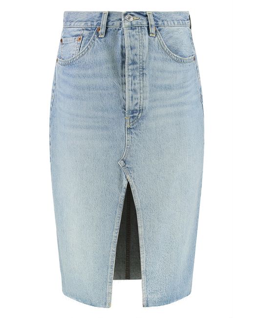 Re/done Blue Frayed Hem Skirt Cotton