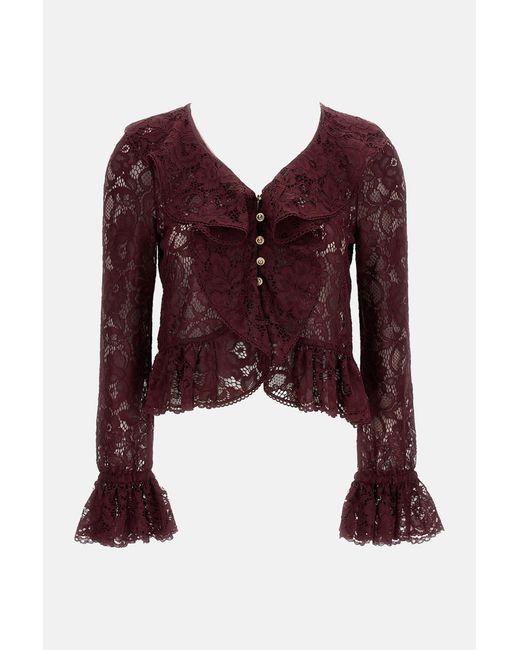 Self-Portrait Red Burgundy Lace Ruffle Crop Top