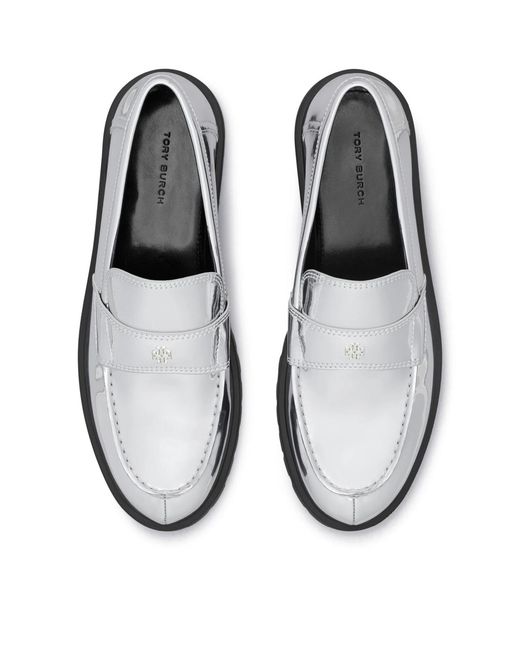 Tory Burch White Mirrored Metallic Classic Logo Lug Loafers Shoes Flats