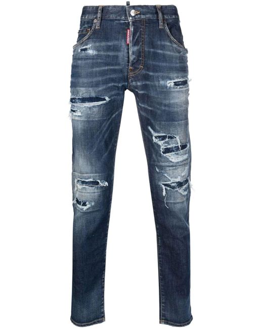 DSquared² 'skater' Light Blue Five-pocket Jeans With Rips And Bleach Effect In Stretch Cotton Denim Man for men
