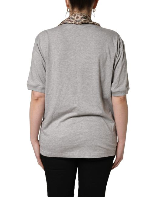 Dolce & Gabbana Gray Cotton V-Neck Owl Silk Scarf Top T-Shirt