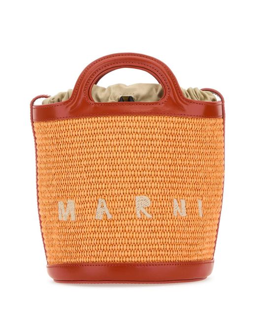Marni Orange Two-Tone Leather And Raffia Tropicalia Bucket Bag