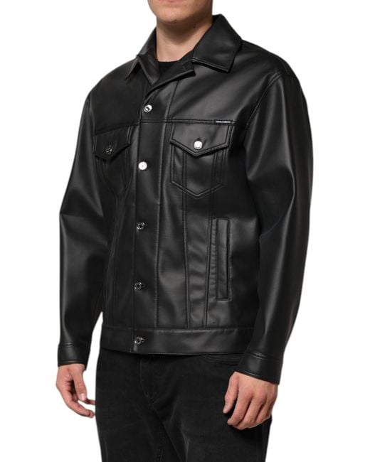 Dolce & Gabbana Black Polyester Button Down Biker Jacket Paper Elastane Clothing for men