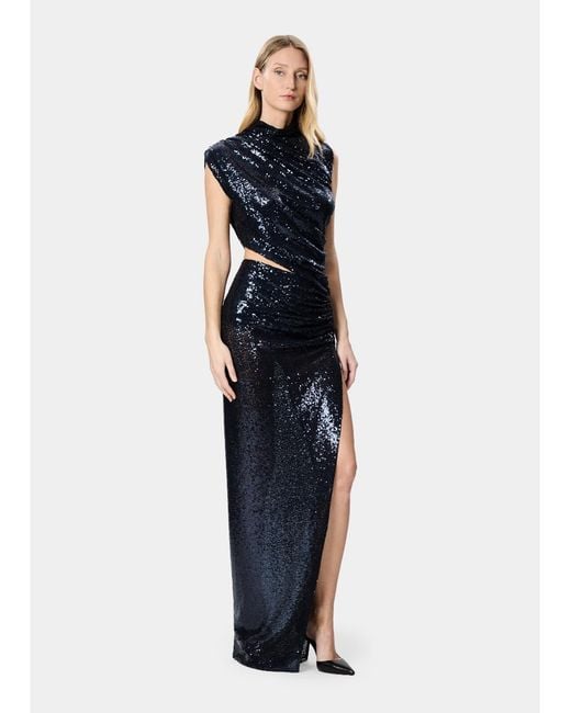 Amazuìn Blue Cosmic Sequined Stretch Tulle Detachable Maxi Dress With Cut-Out Detail And Side Slit
