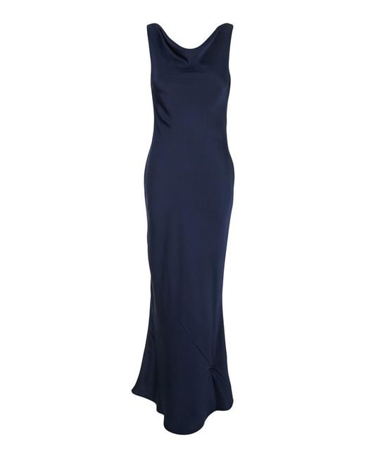 Le Plain Blue Long Dress With Front And Back Neckline