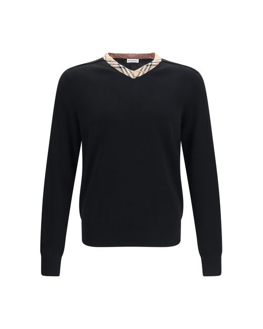 Burberry Black Wool Sweater Check Trim Merino for men