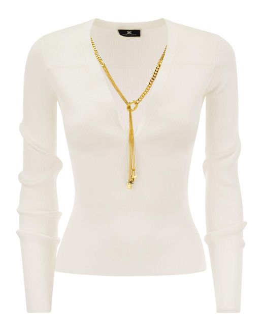 Elisabetta Franchi White Long-Sleeved Ribbed Viscose Top With Necklace